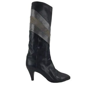 Rene Caty Womens Gray Leather Pointed Toe Cone Heel‎ Knee High Boots Size 6